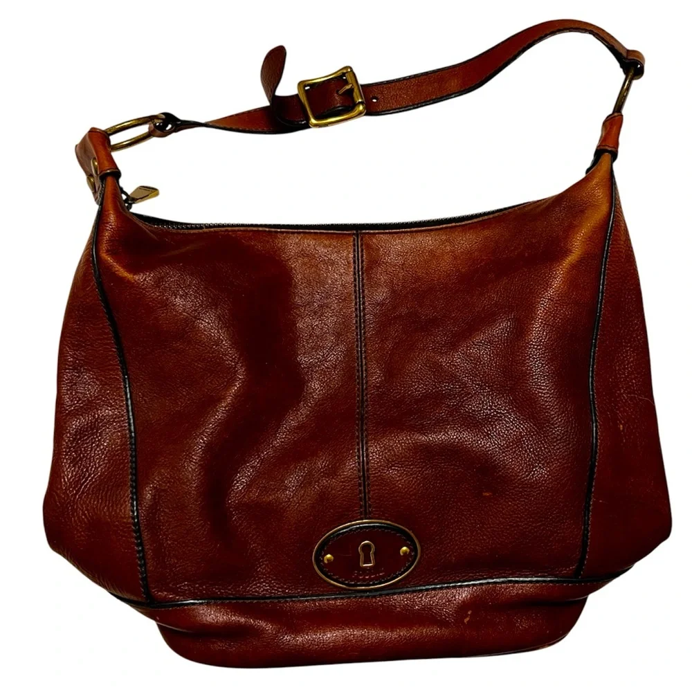 Vintage Fossil Brown Leather Shoulder Bag Adjustable Maddox Boho Tote Carryall